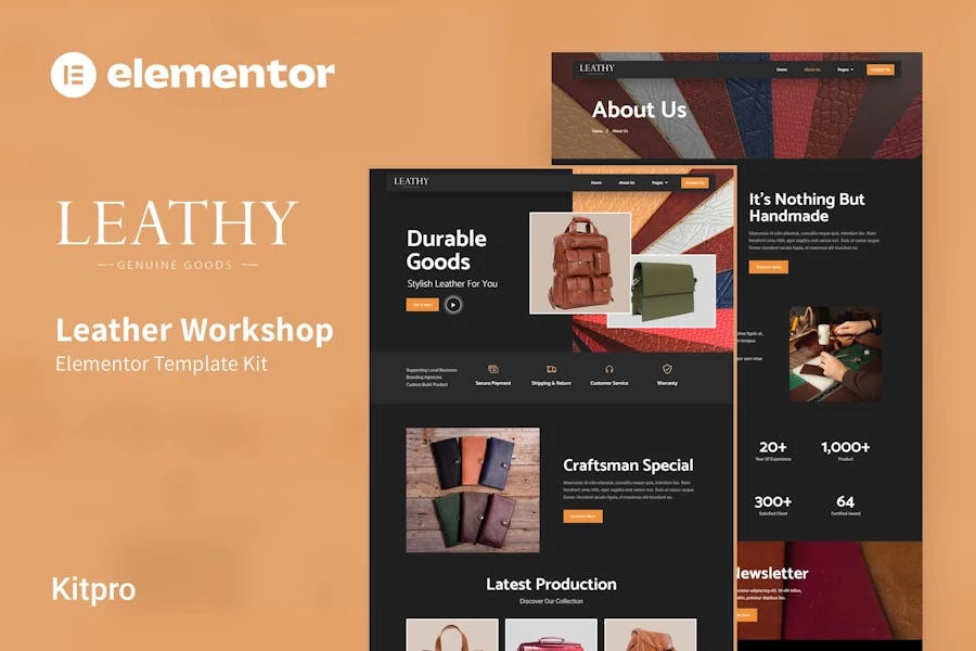 Leathy - Kit de plantillas Elementor para taller de cuero