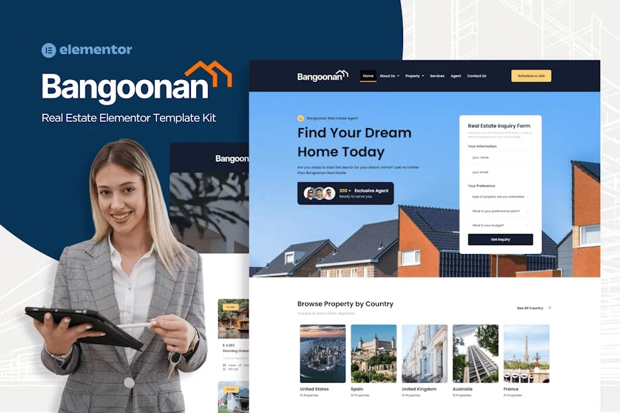 Bangoonan - Template Kit Elementor para bienes raíces y propiedades