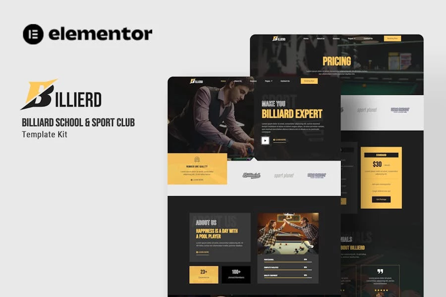 Billierd - Template Kit Elementor para escuelas y clubes deportivos de billar