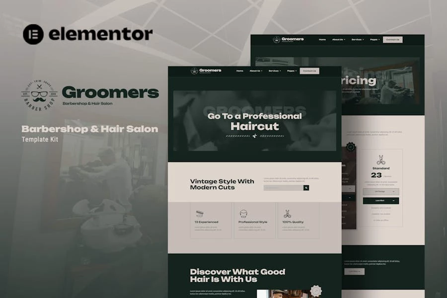 Groomers - Kit de plantillas Elementor para barberías y peluquerías