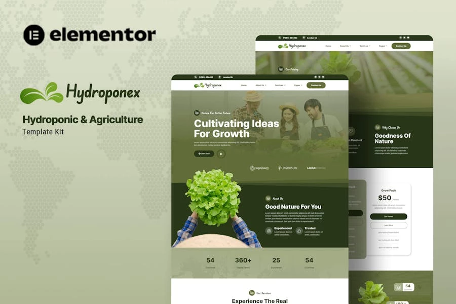 Hydroponex - Kit de plantillas Elementor para hidroponía y agricultura