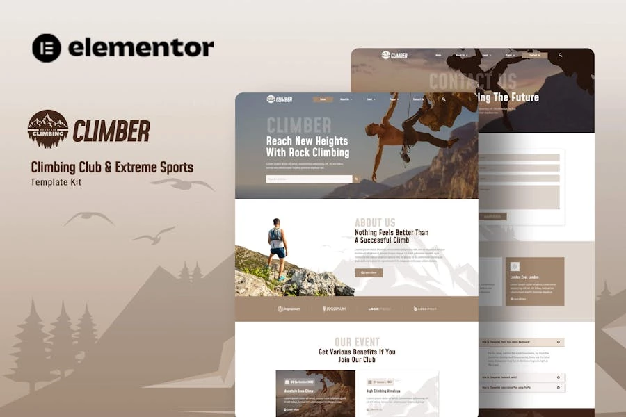 Climber - Kit de plantillas Elementor para club de escalada y deportes extremos