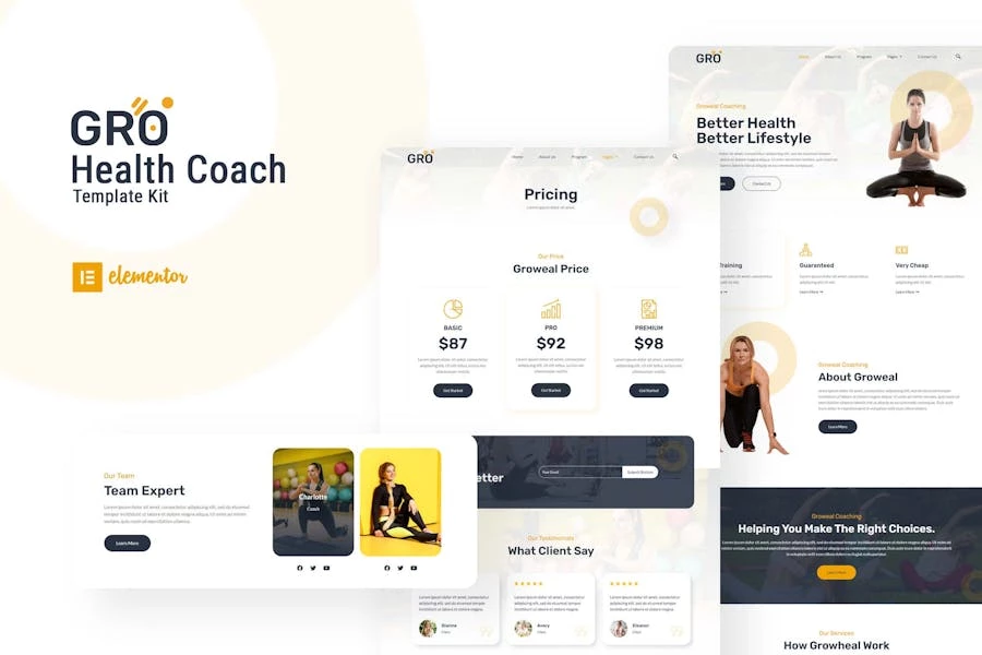 Groweal - Kit de plantillas Elementor para coaching de salud