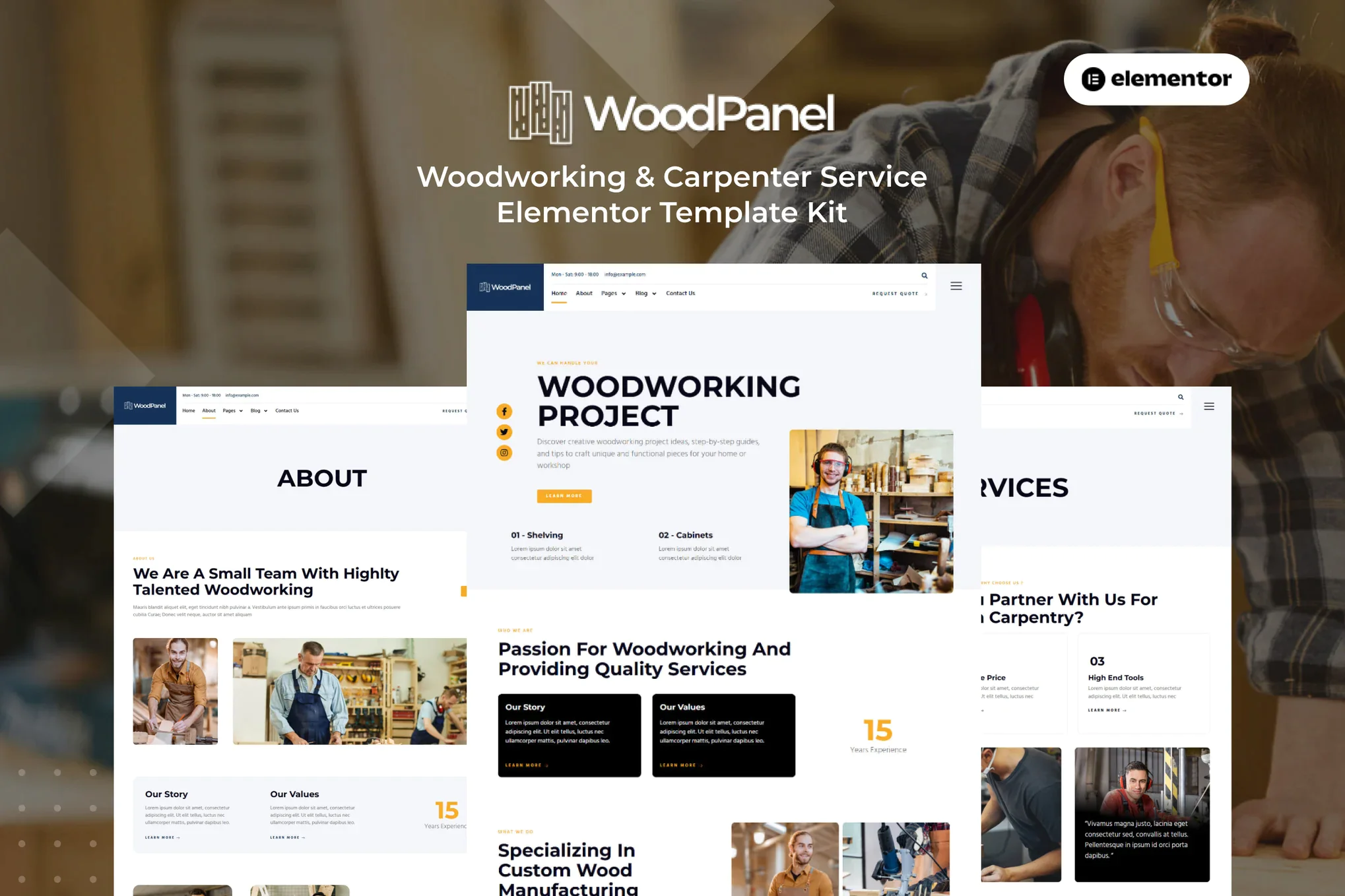 Woodpanel - Kit de plantillas Elementor Pro para el servicio de carpintería y carpintería