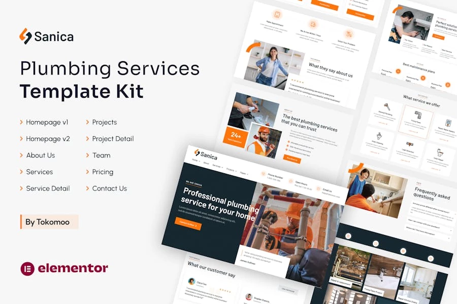 Sanica | Kit de plantillas Elementor para servicios de plomería