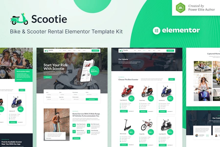 Scootie — Kit de plantillas Elementor para alquiler de bicicletas y scooters