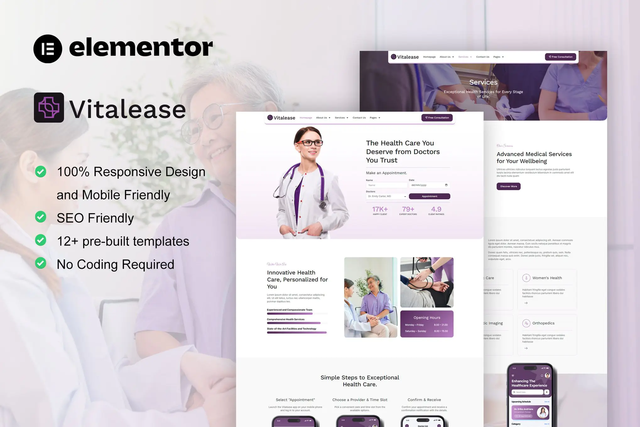 Vitalease - Kit de plantillas Elementor para el cuidado de la salud y la medicina