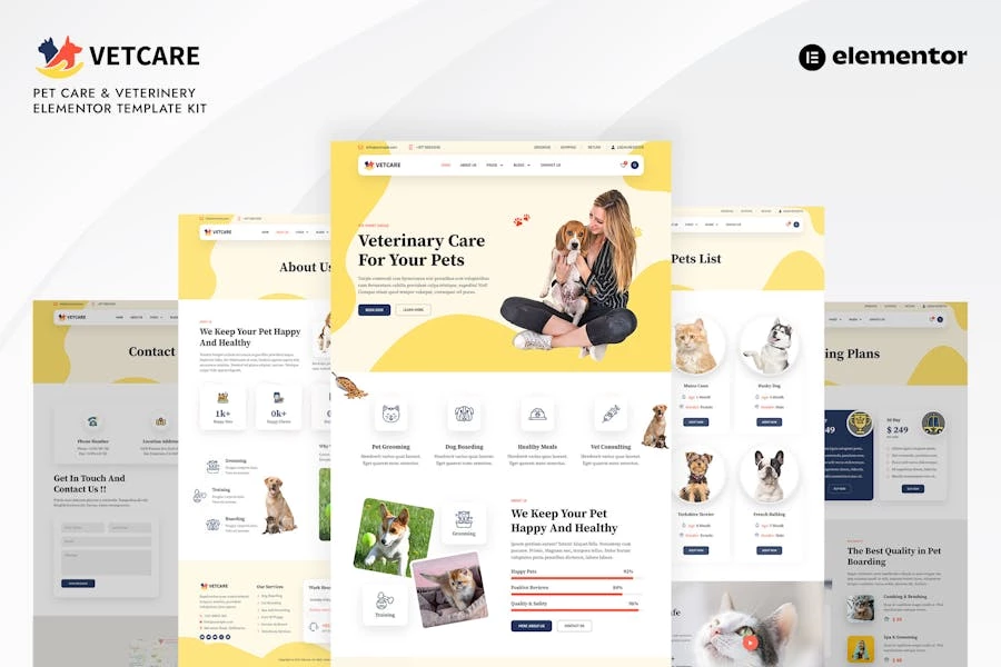 Vetcare - Kit de plantillas Elementor Pro para el cuidado de mascotas y veterinaria