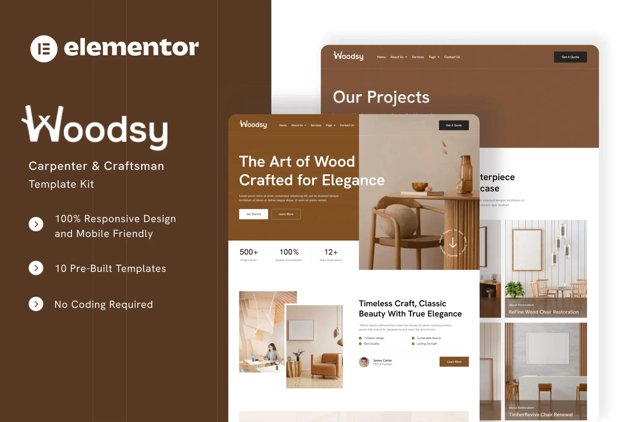 Woodsy - Kit de plantillas Elementor para carpinteros y artesanos