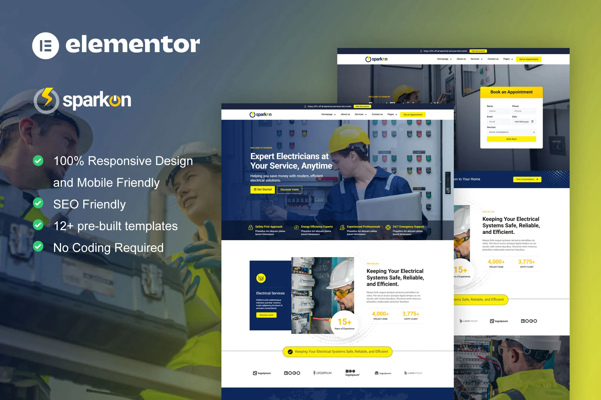 Sparkon - Kit de plantillas Elementor Pro para servicio de instalación y mantenimiento eléctrico
