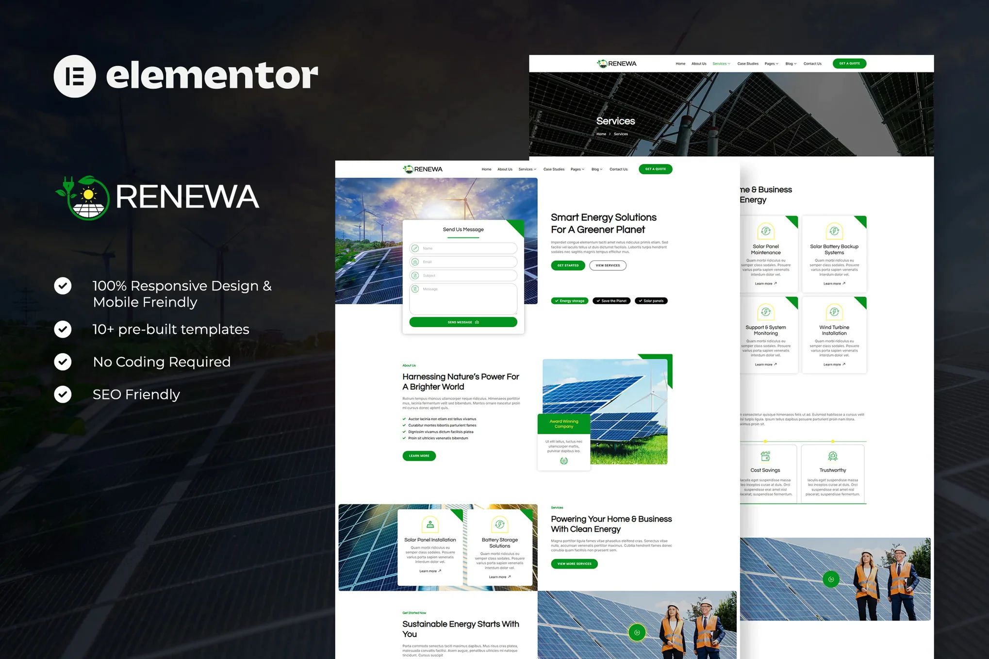 Renewa - Kit de plantillas Elementor para energía renovable solar y verde