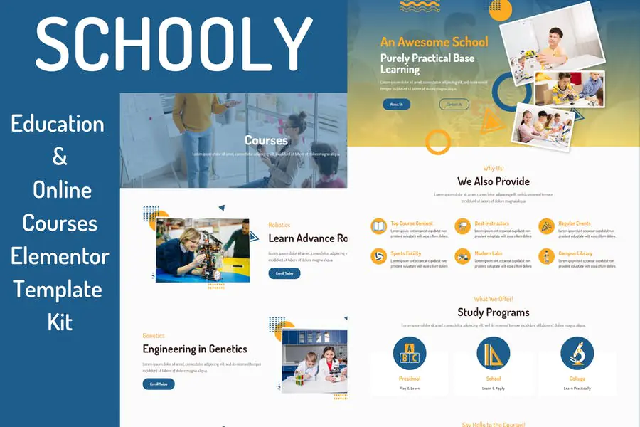 Schooly - Kit de plantillas Elementor Pro para cursos educativos y en línea