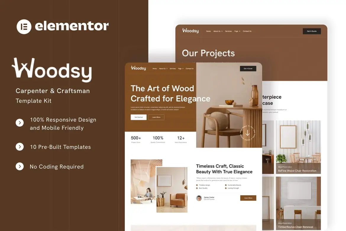 Woodsy – Kit de plantillas Elementor para carpinteros y artesanos