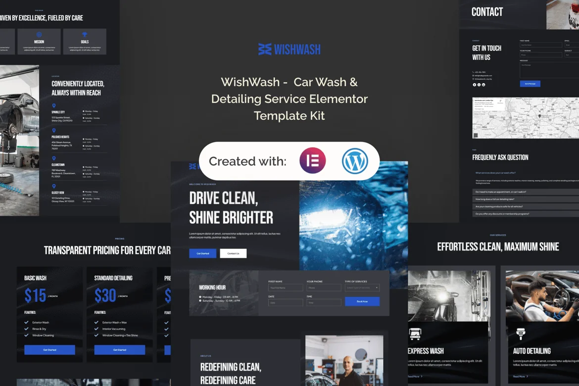 WishWash – Kit de plantillas Elementor para servicio de lavado y detallado de autos