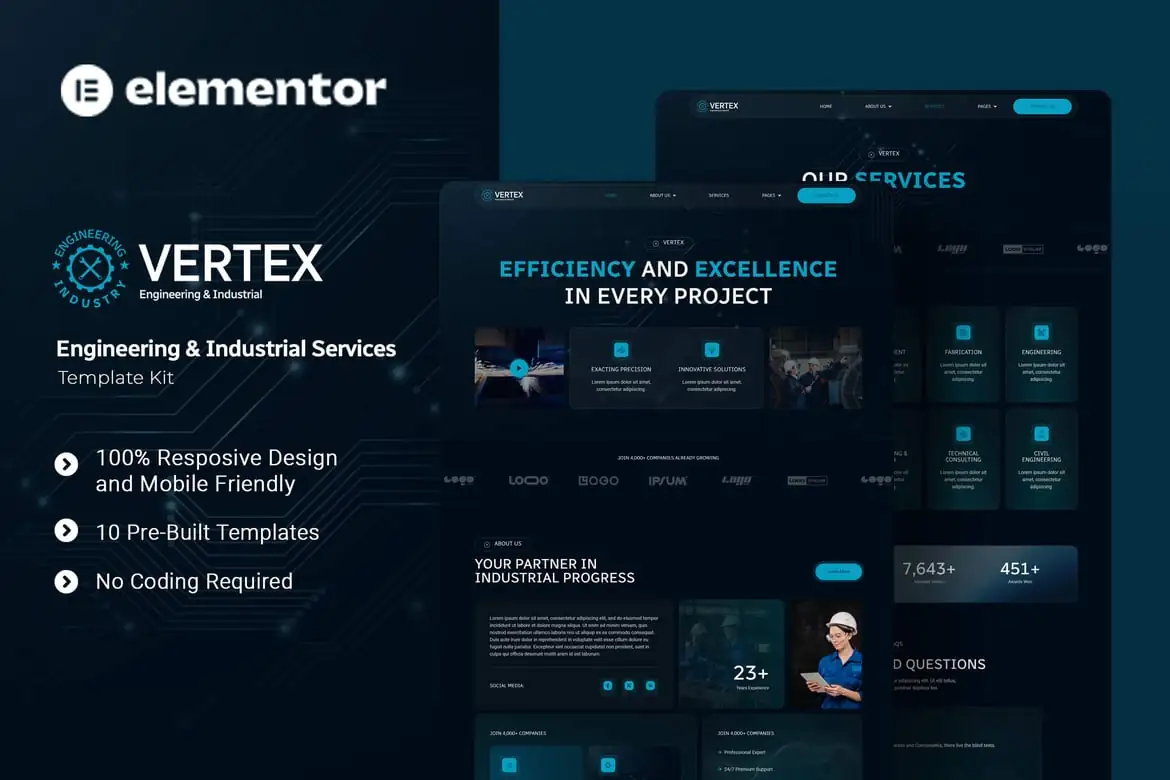 Vertex – Kit de plantillas Elementor para servicios industriales y de ingeniería
