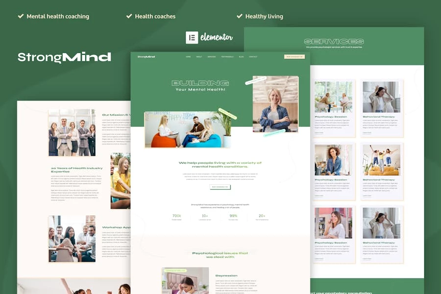 StrongMind – Template Kit Elementor Pro de salud mental y psicología