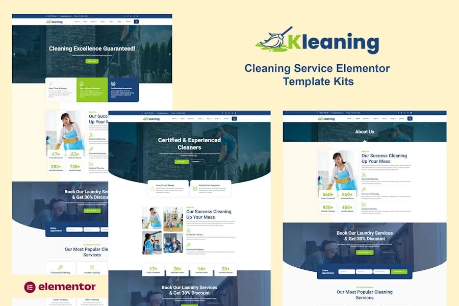 Kleaning – Template Kits Elementor para servicios de limpieza