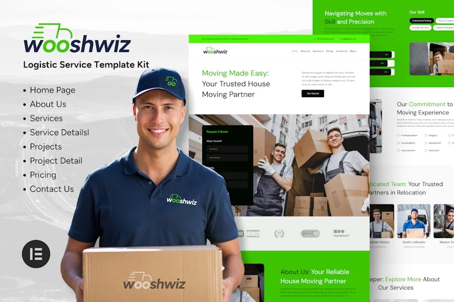 Wooshwiz – Kits de plantillas Elementor de logística y envío