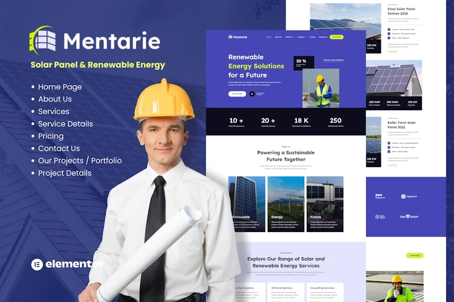 Mentarie – Template Kit Elementor para paneles solares y energía sostenible