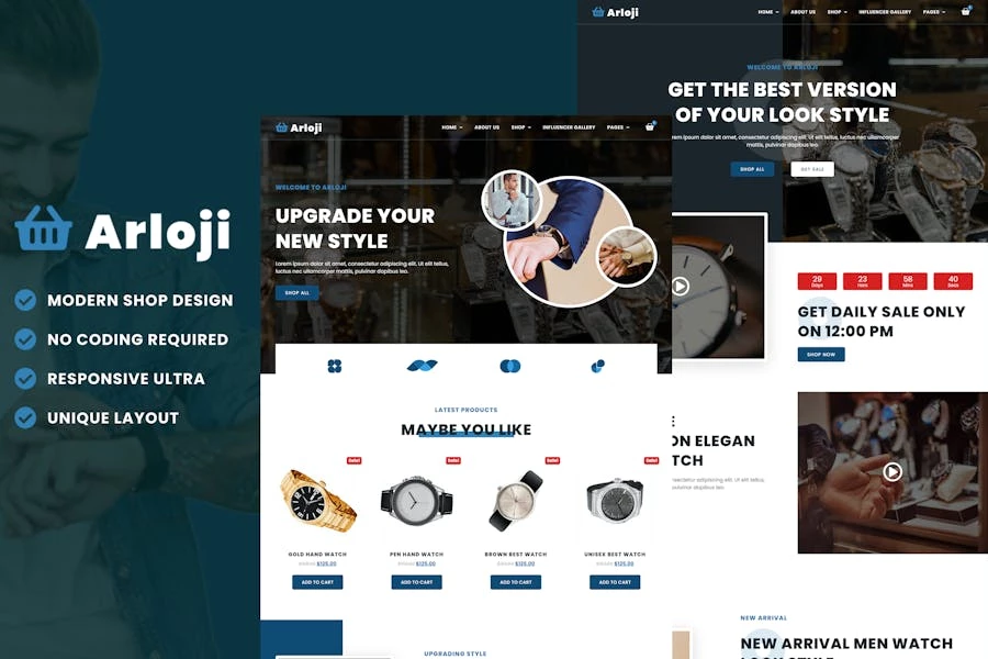 Arloji – Template Kit Elementor de comercio electrónico para tienda de relojes de mano