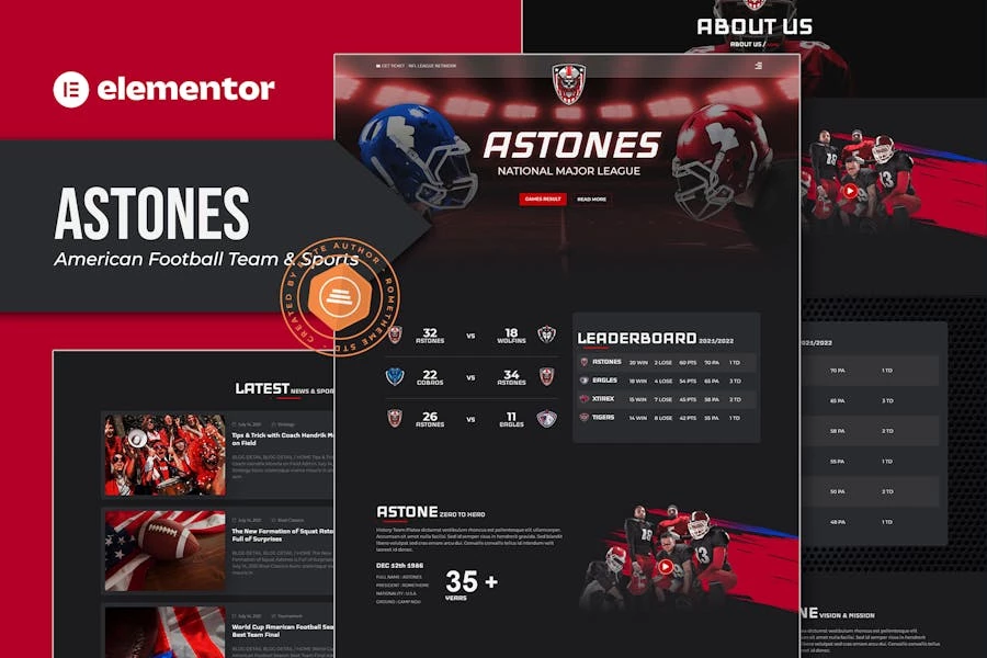 Astones – Template Kit Elementor para equipo de fútbol americano y deportes