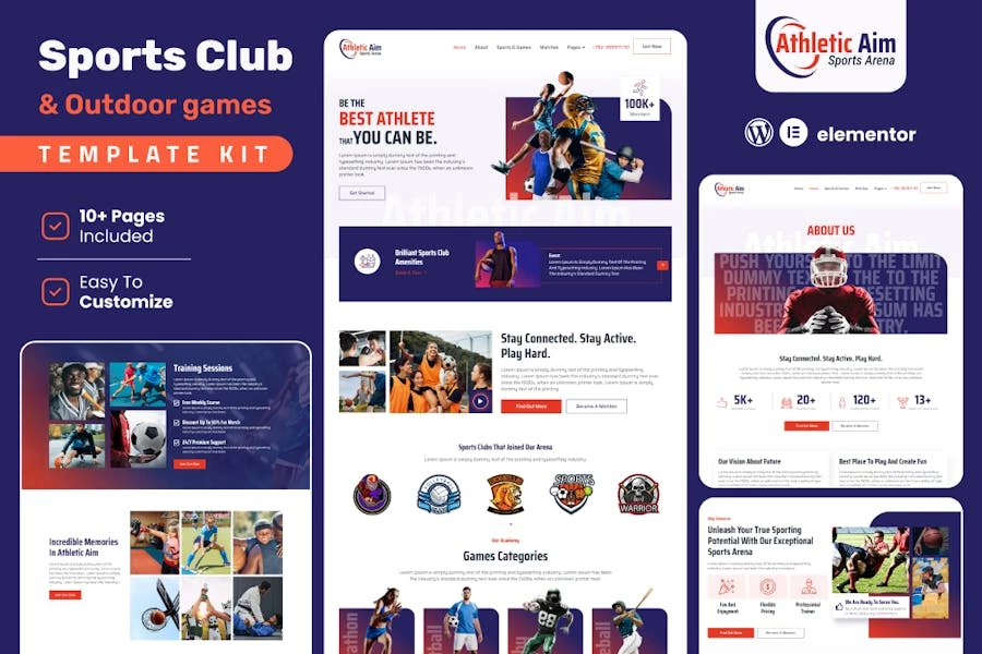 Athletic Aim — Kit de plantillas Elementor para clubes deportivos y juegos al aire libre