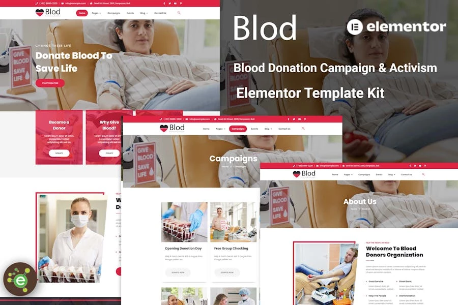 Blod – Template Kit Elementor para campañas de donación y campaña de donación de sangre