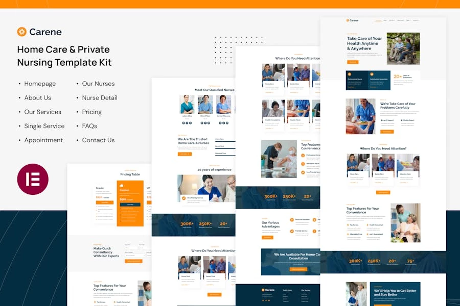 Carene – Template Kit Elementor Pro para servicios de atención domiciliaria y servicios de enfermería privados