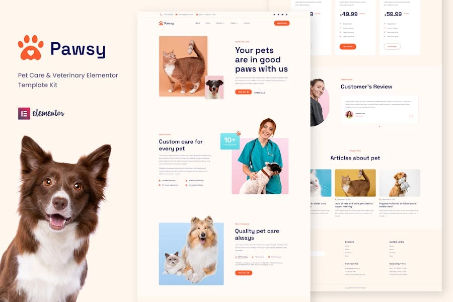 Pawsy – Template Kit Elementor para cuidado de mascotas y veterinaria