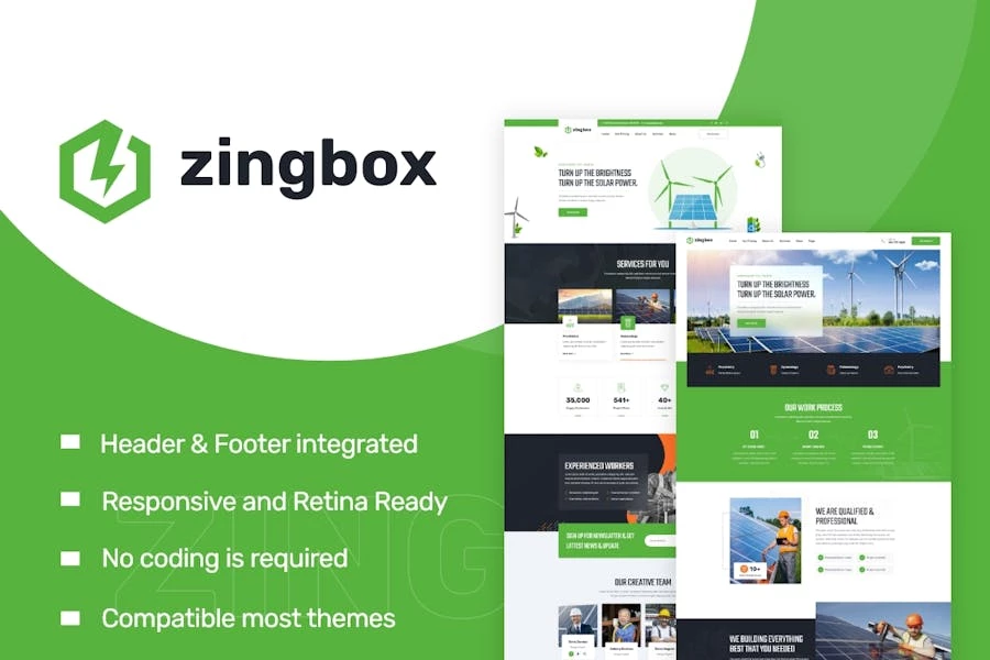 Zingbox — Template Kit Elementor para energía eólica y solar