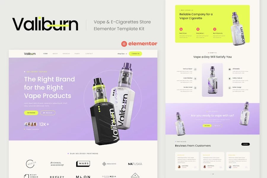 Valiburn – Template Kit Elementor para tiendas de vapeo y cigarrillos electrónicos