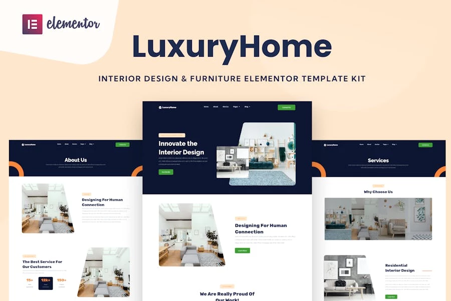 LuxuryHome – Kit de plantillas Elementor para diseño de interiores y muebles