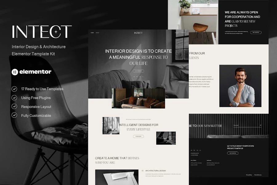 Intect – Template Kit Elementor para diseño de interiores y arquitectura