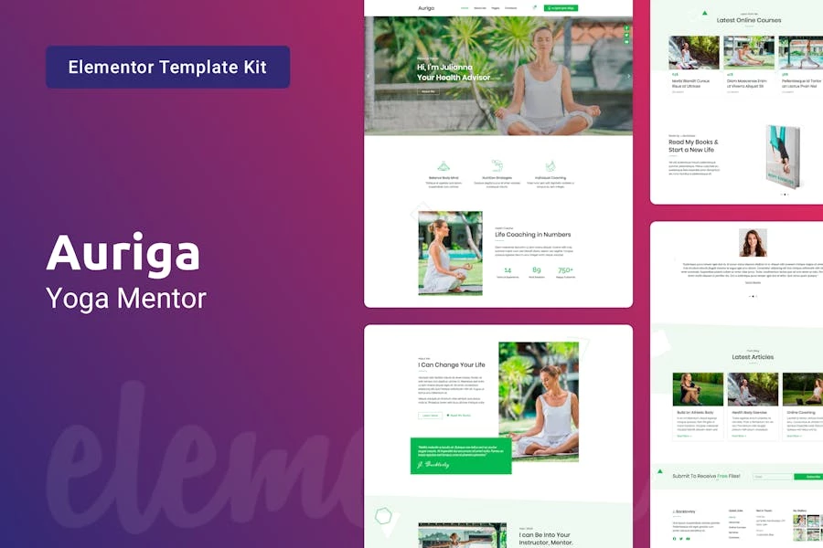 Auriga — Kit de plantillas Elementor para entrenador de salud y mentor de yoga