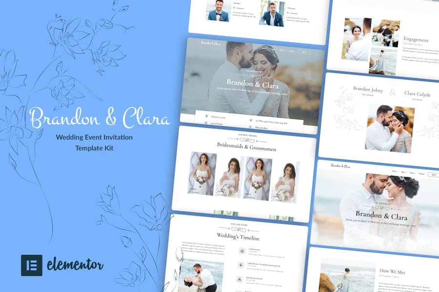 Brandon & Clara – Kit de plantillas Elementor para invitaciones a eventos de boda