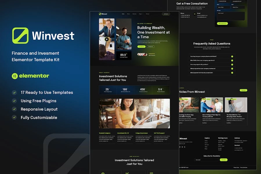 Winvest – Kit de plantillas Elementor para finanzas e inversiones
