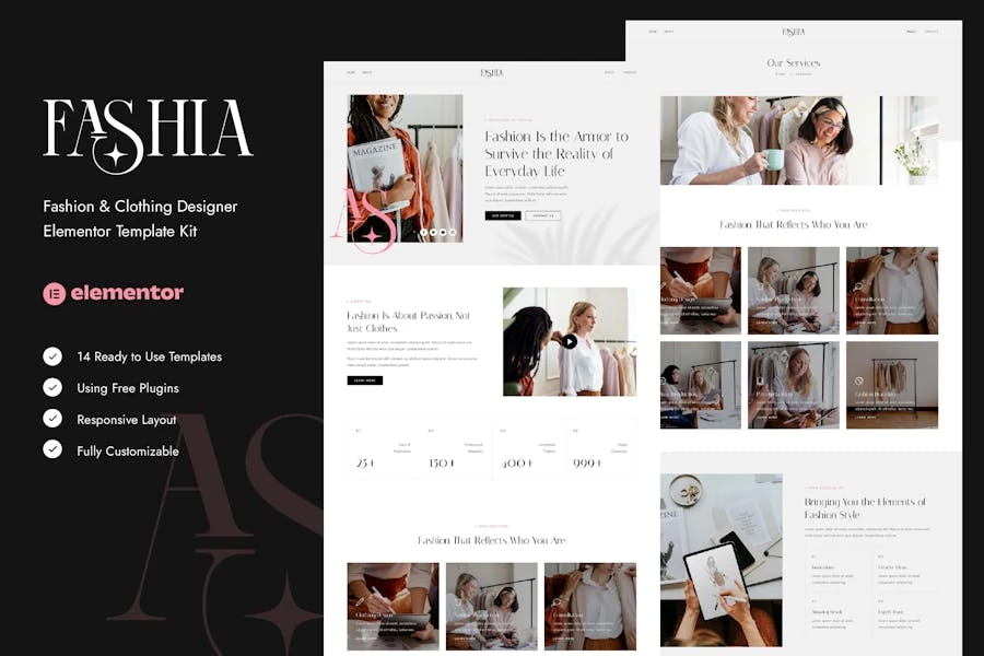 Fashia – Kit de plantillas Elementor para diseñadores de moda y ropa