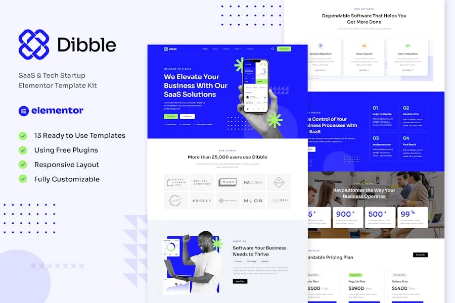 Dibble – Template Kit Elementor para empresas emergentes de SaaS y tecnología