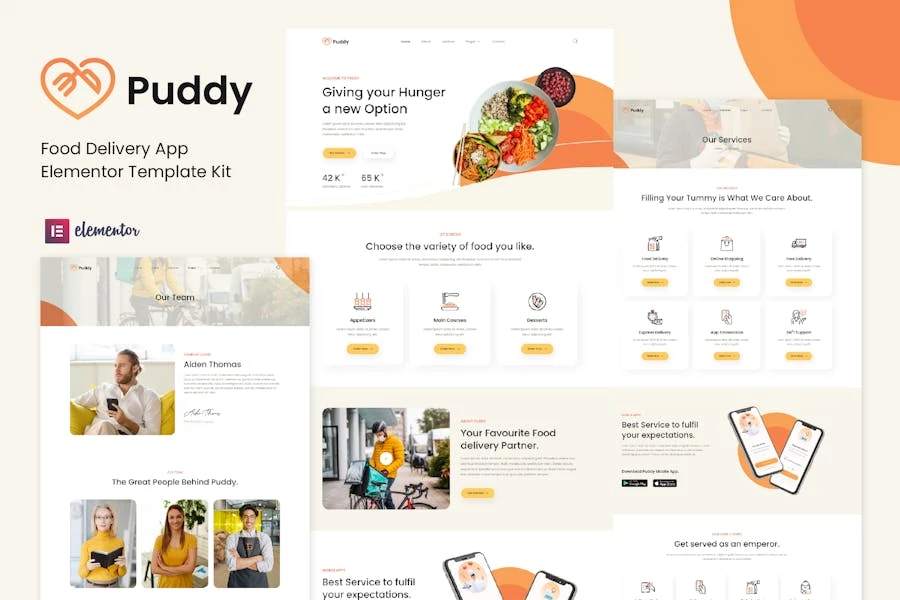Puddy – Template Kit Elementor Aplicación de entrega de alimentos