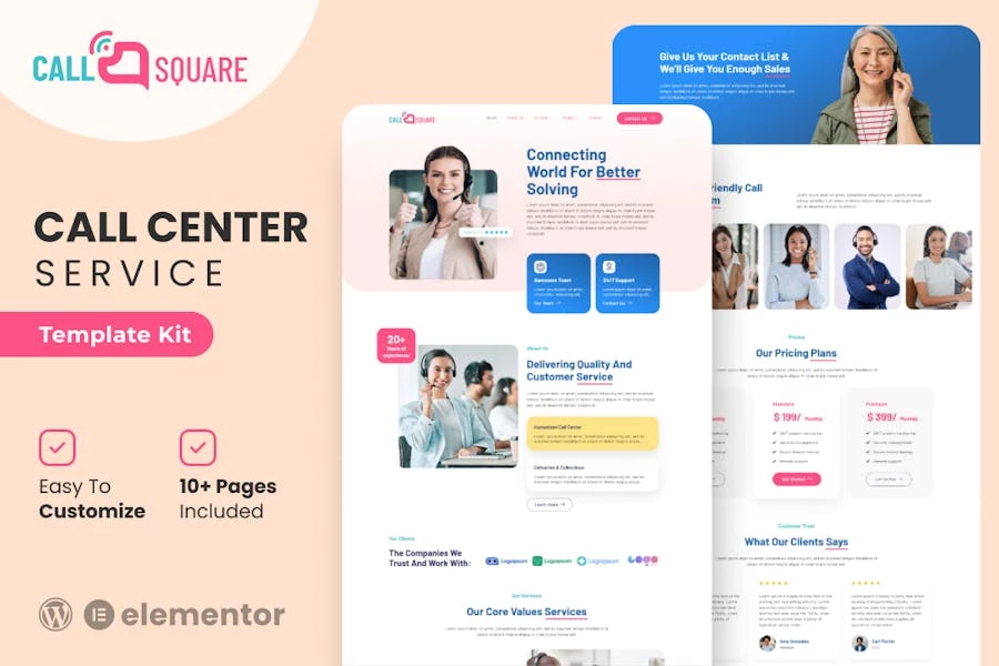 Call Square – Kit de plantillas Elementor para centros de llamadas y empresas de soporte