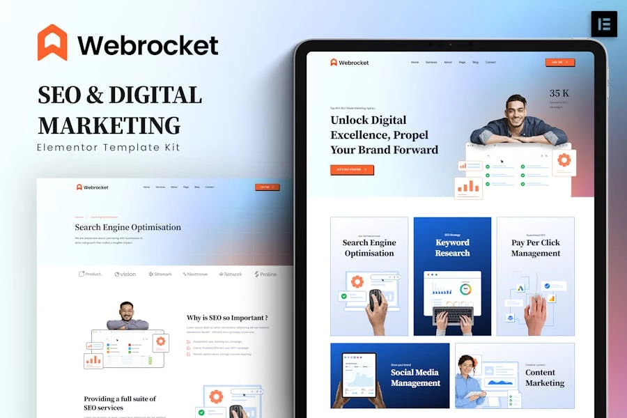 Webrocket – Kit de plantillas Elementor para agencias de SEO y marketing digital