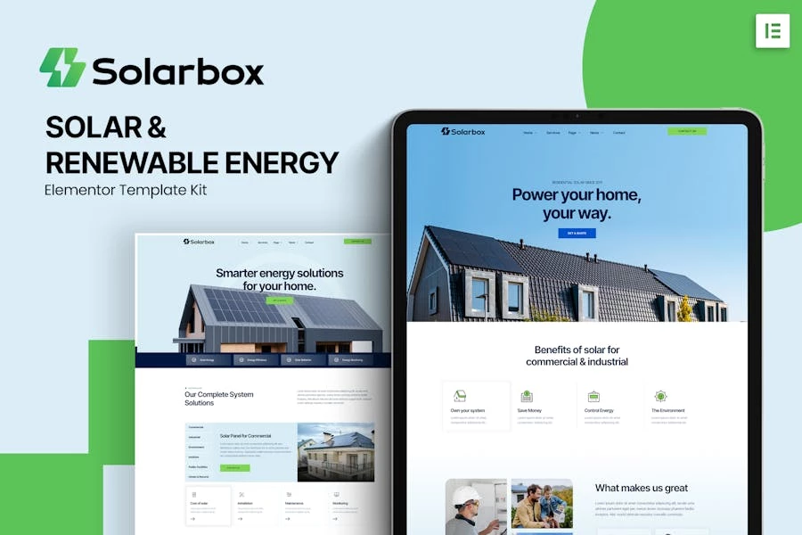 Solarbox – Template Kit Elementor para energía solar y renovable