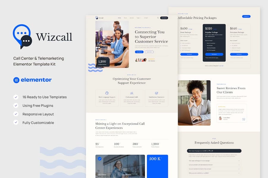 Wizcall – Kit de plantillas Elementor para centros de llamadas y telemarketing