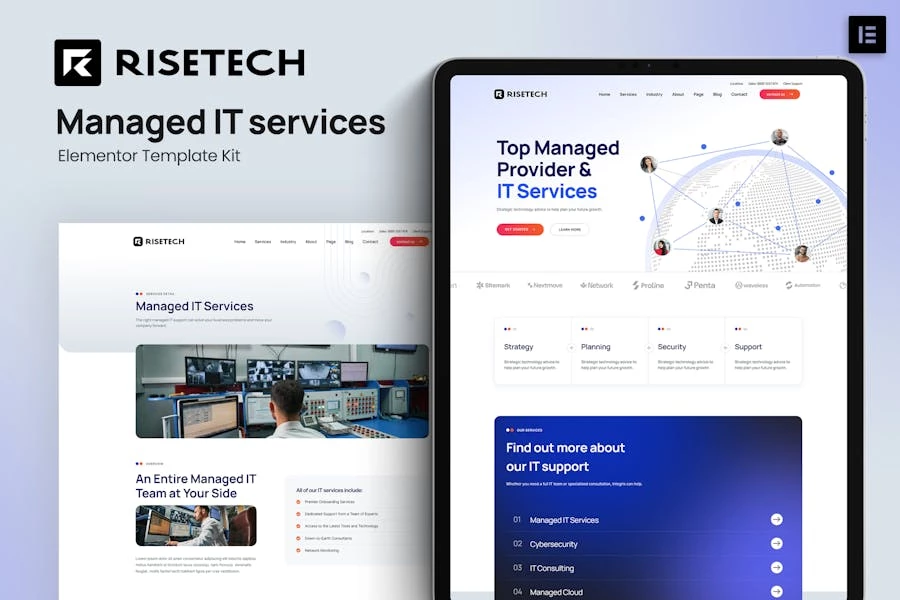 Risetech – Kit de plantillas Elementor de servicios de TI gestionados