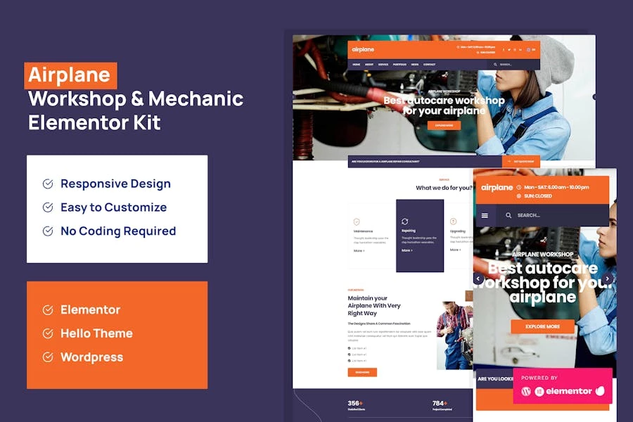 Avión – Template Kit Elementor para taller mecánico