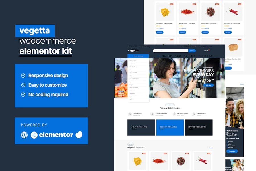 Vegetta – Kit Elementor multipropósito de Woocommerce para supermercados