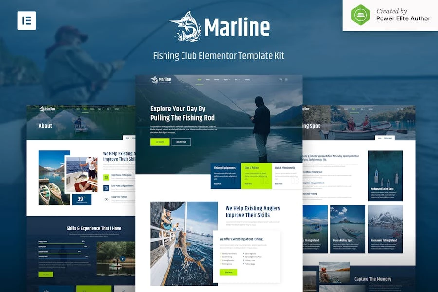 Marline — Kit de plantillas Elementor para clubes de pesca y caza