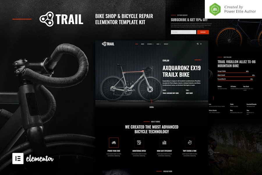 Trail — Kit de plantillas Elementor para tienda de bicicletas y reparación de bicicletas