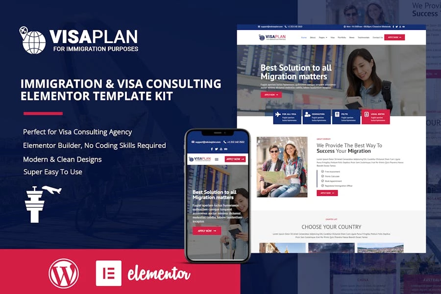 VisaPlan – Template Kit Elementor para consultoría de inmigración y visas