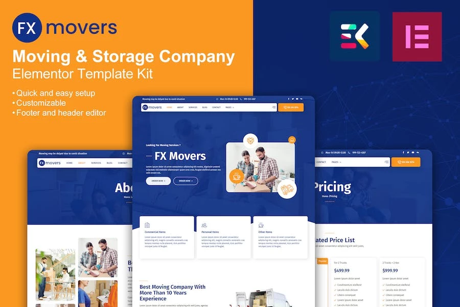FX Movers – Template Kit Elementor para empresas de mudanzas y almacenamiento